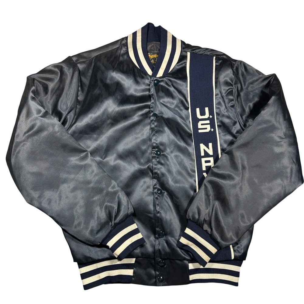 Vintage 70s Swingster US Navy Satin Bomber Jacket Navy Blue Varsity Small